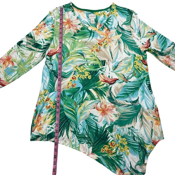 Chico's Women's Top Size 2 Large Multi Tropical Floral Asymmetrical Hem Shirt - Picture 8 of 11